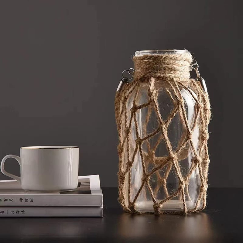 Funsoba Rustic Hanging Mason Jar Creative Rope Net Dry Flower Glass Vase with Handle (1 Vase 8") - Image 5